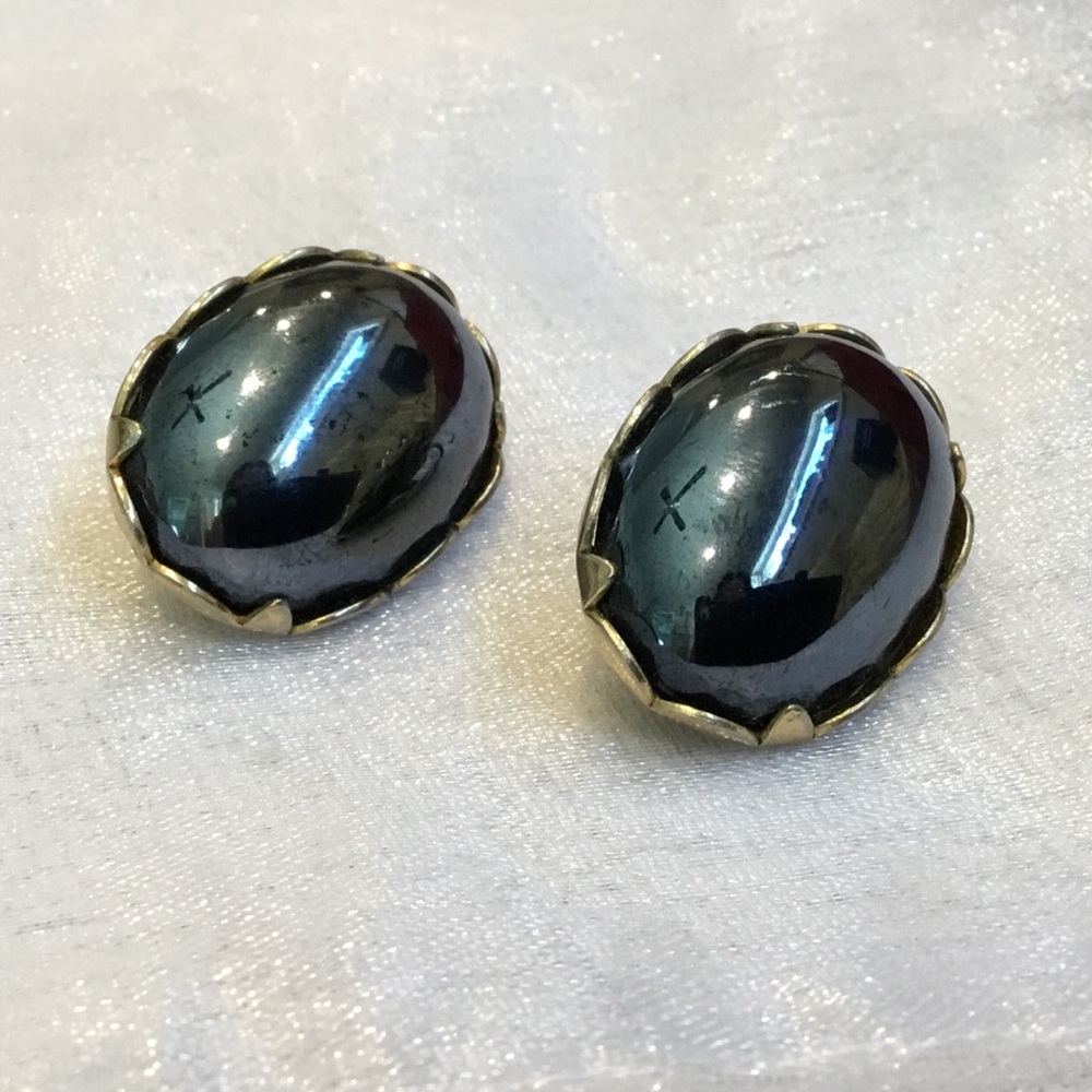 Vintage Clip On Earrings Black Dome Gold Tone Filigree Back
